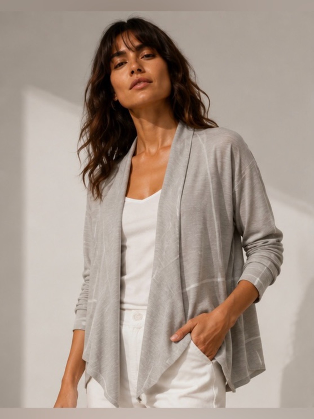James Perse Light Gray Open Front Tie-Neck Cardigan